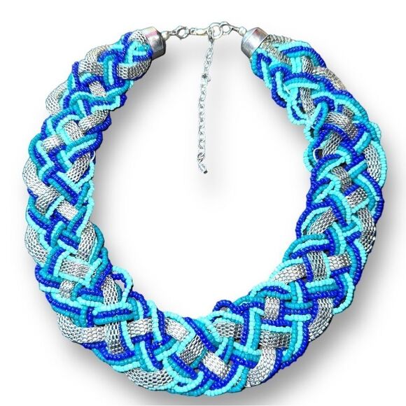 Braided beaded necklace with silver chain handmade - Picture 1 of 6